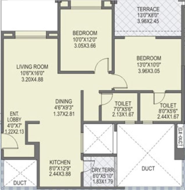 Floor plan of 2 BHK 982 Sq. Ft. Apartment in Dharmavat Sunder Sanskruti Phase 3, Pune