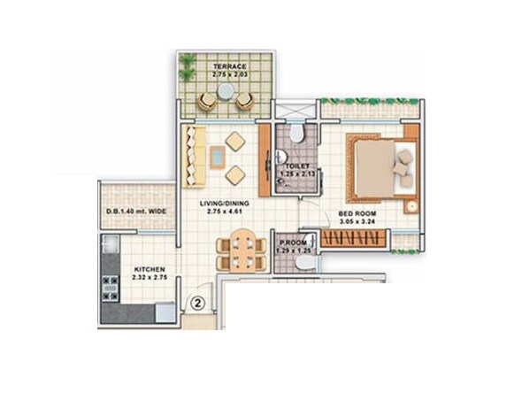 Floor plan of 1 BHK 336 Sq. Ft. Apartment in Dheeraj Jade Residences, Pune