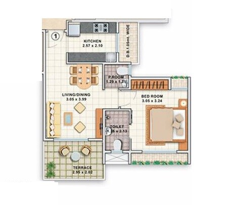 Floor plan of 1 BHK 473 Sq. Ft. Apartment in Dheeraj Jade Residences, Pune