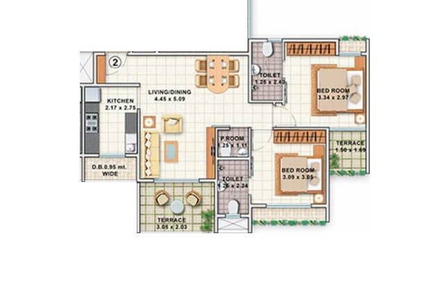 Floor plan of 2 BHK 560 Sq. Ft. Apartment in Dheeraj Jade Residences, Pune