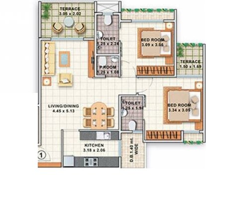 Floor plan of 2 BHK 680 Sq. Ft. Apartment in Dheeraj Jade Residences, Pune