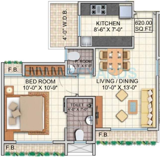 Floor plan of 1 BHK 620 Sq. Ft. Apartment in Dheeraj Realty Jade Residences, Pune
