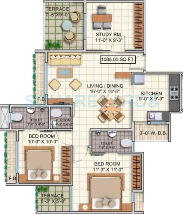 Floor plan of 2 BHK 1085 Sq. Ft. Apartment in Dheeraj Realty Jade Residences, Pune