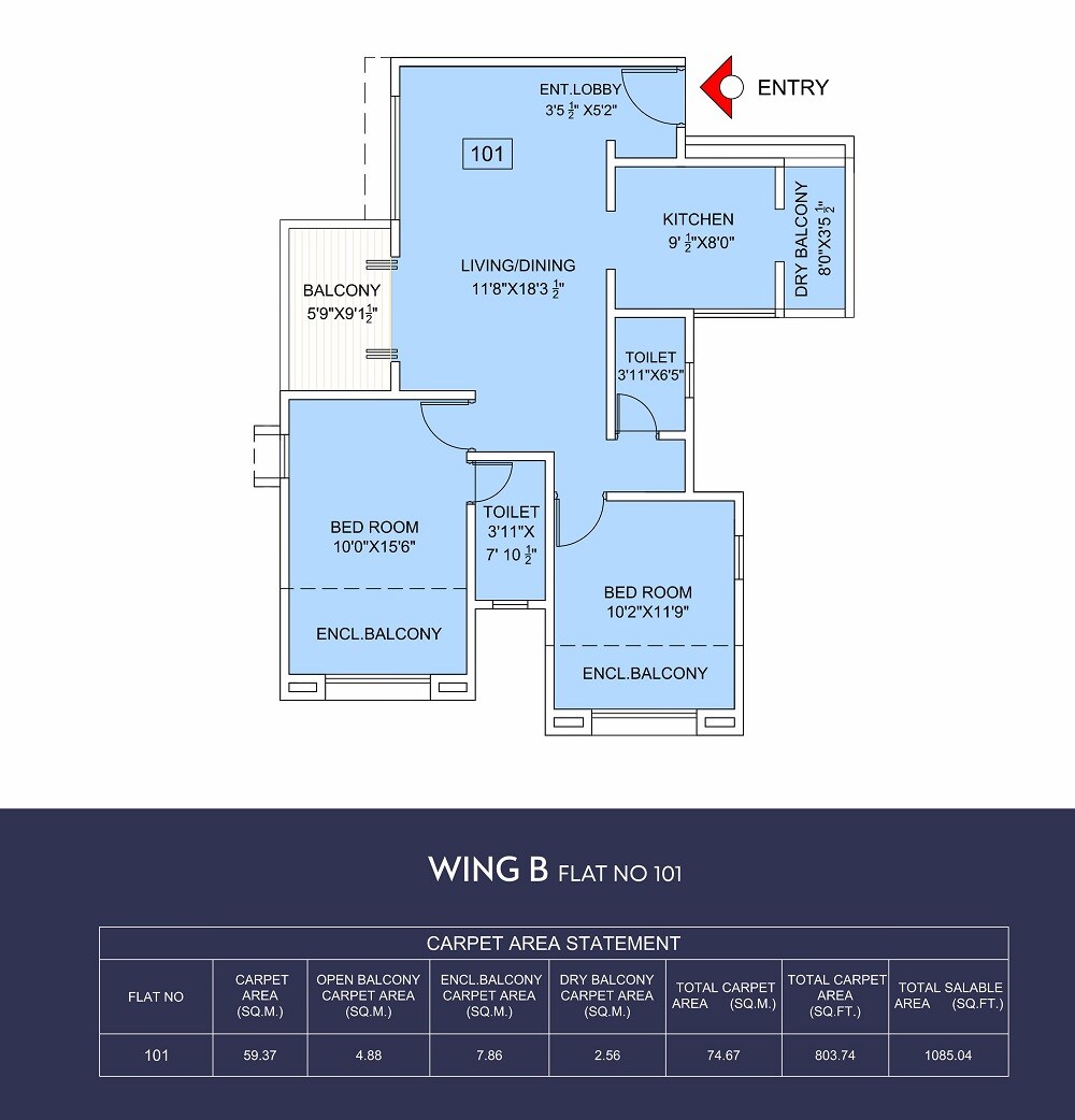 Floor plan of 2 BHK 804 Sq. Ft. Apartment in Dhiraj Riseonic, Pune