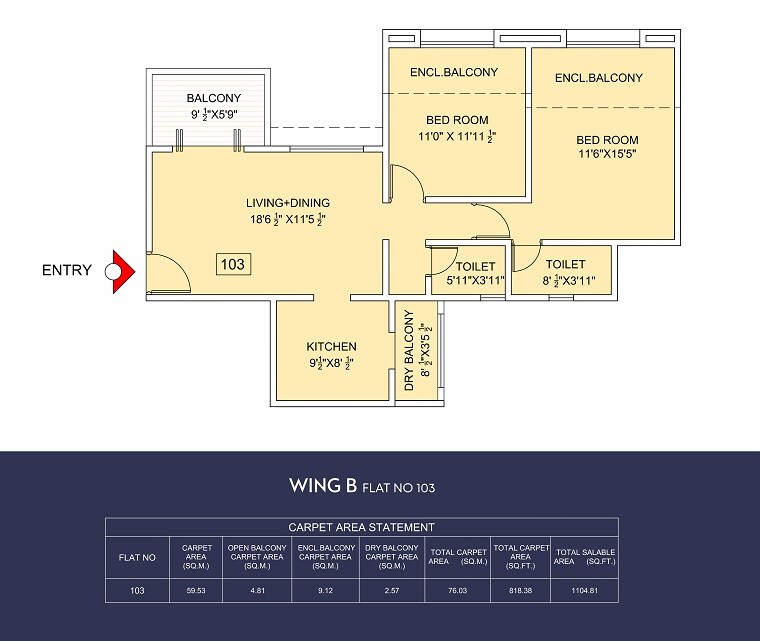 Floor plan of 2 BHK 818 Sq. Ft. Apartment in Dhiraj Riseonic, Pune
