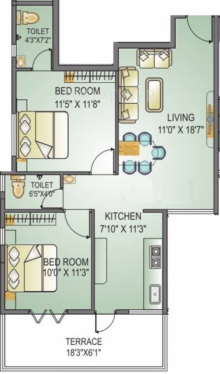 Floor plan of 2 BHK 1000 Sq. Ft. Apartment in Diamond Govind Darshan, Pune