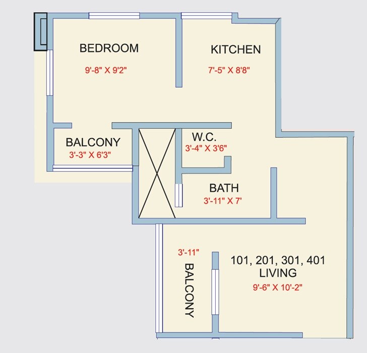 Floor plan of 1 BHK Apartment - 409 sq. ft. in Dipti Ratan Heights, Pune
