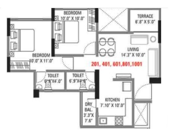 Floor plan of 2 BHK 568 Sq. Ft. Apartment in Divine Dazzle, Pune