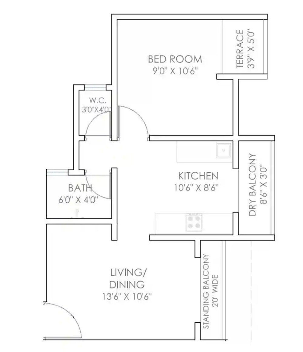 Floor plan of 1 BHK 441 Sq. Ft. Apartment in Divine Global City, Pune
