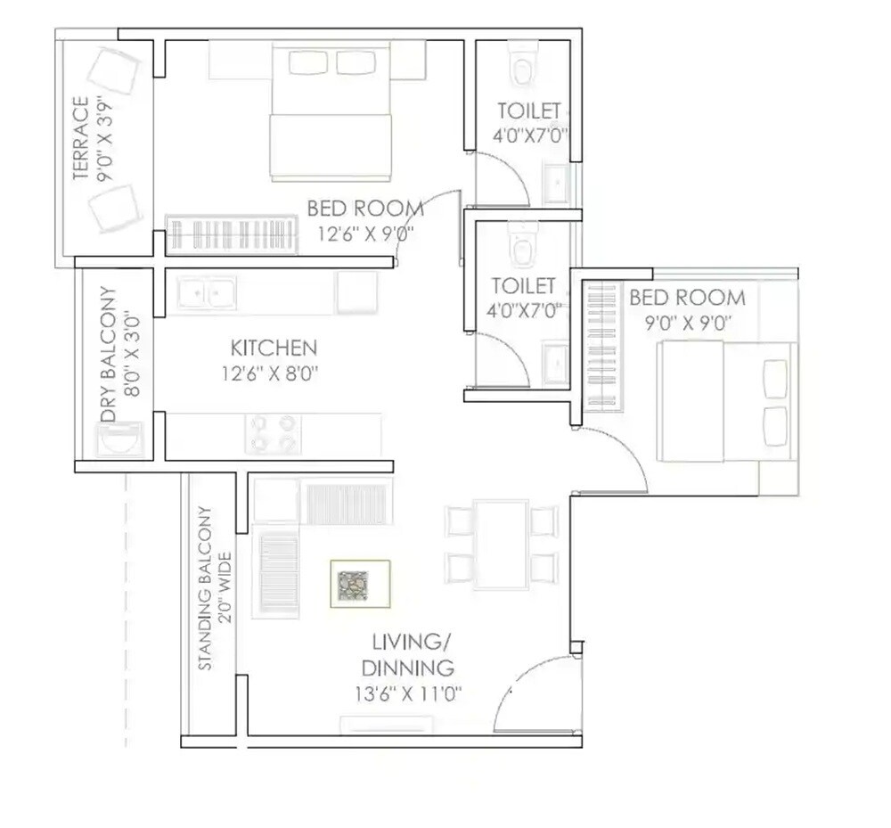 Floor plan of 2 BHK 624 Sq. Ft. Apartment in Divine Global City, Pune
