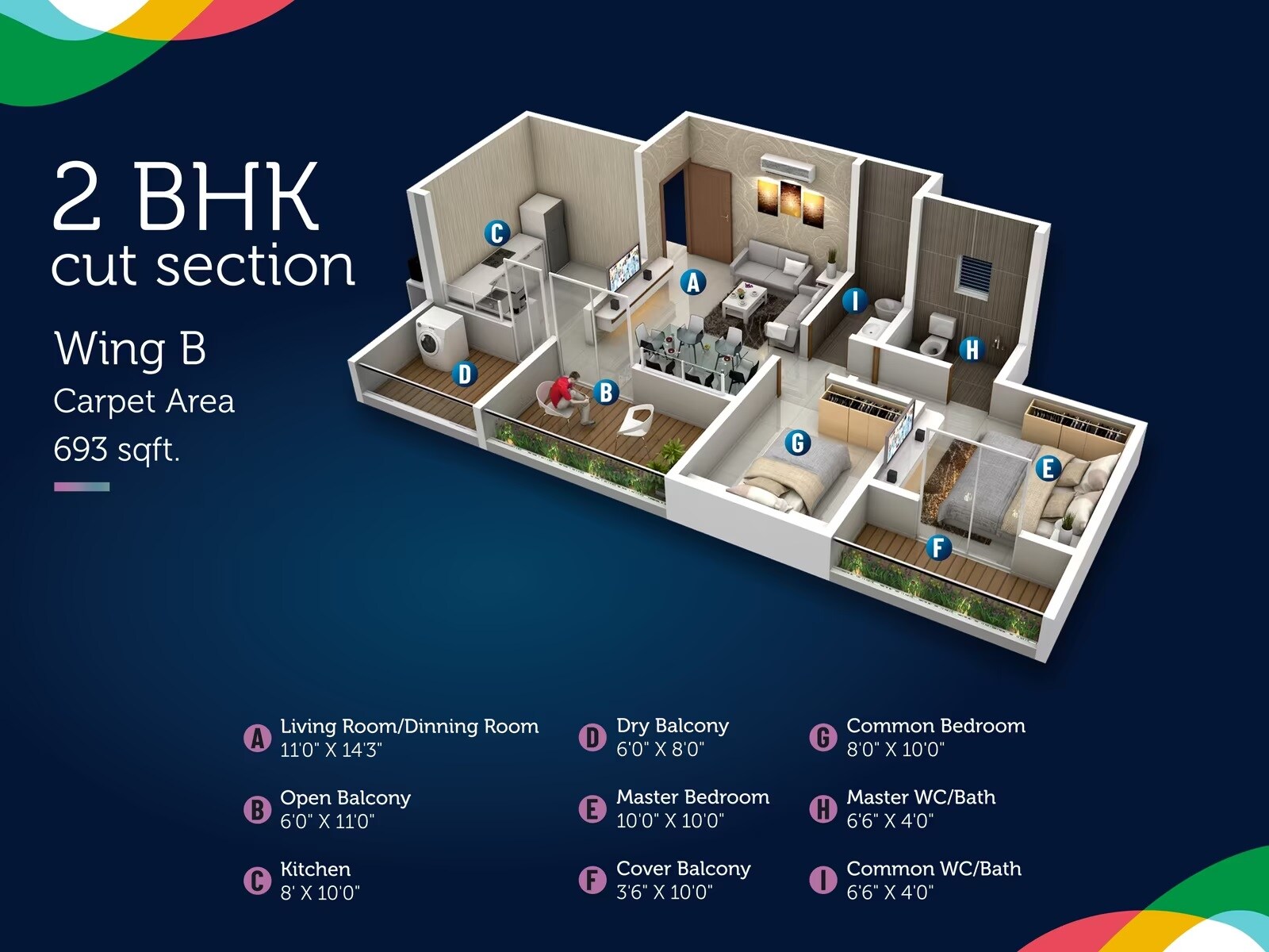 Floor plan of 2 BHK 693 Sq. Ft. Apartment in Divine Newquay, Pune