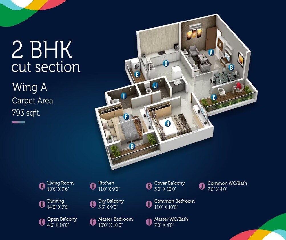 Floor plan of 2 BHK 793 Sq. Ft. Apartment in Divine Newquay, Pune
