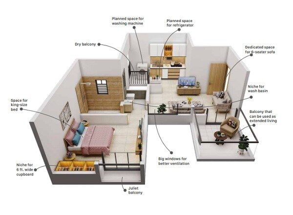 Floor plan of 1 BHK 354 Sq. Ft. Apartment in Divine Palm Springs, Pune