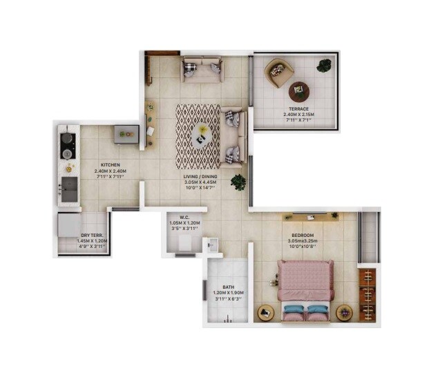 Floor plan of 1 BHK 411 Sq. Ft. Apartment in Divine Palm Springs, Pune