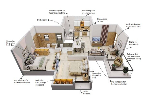 Floor plan of 2 BHK 770 Sq. Ft. Apartment in Divine Palm Springs, Pune