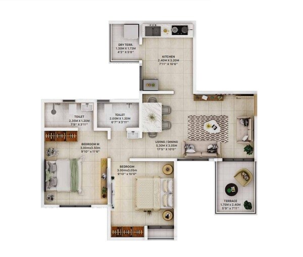 Floor plan of 2 BHK 825 Sq. Ft. Apartment in Divine Palm Springs, Pune