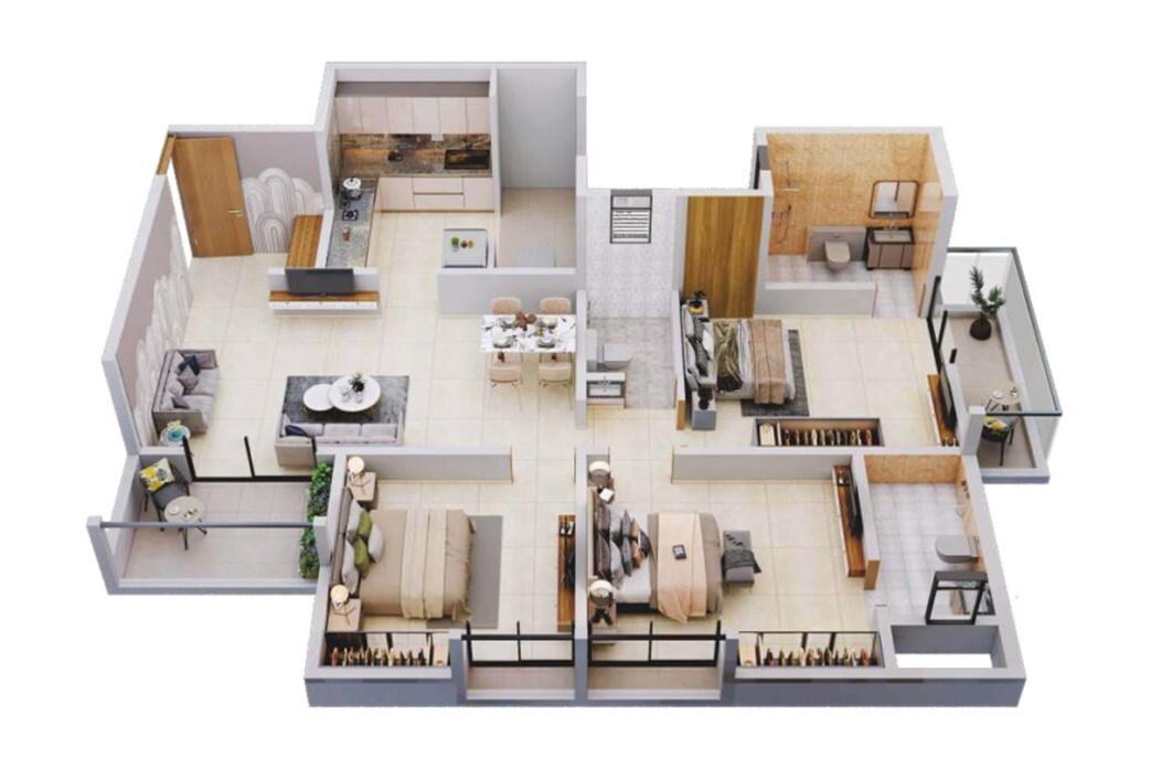 Floor plan of 3 BHK 1007 Sq. Ft. Apartment in Divine Palm Springs, Pune