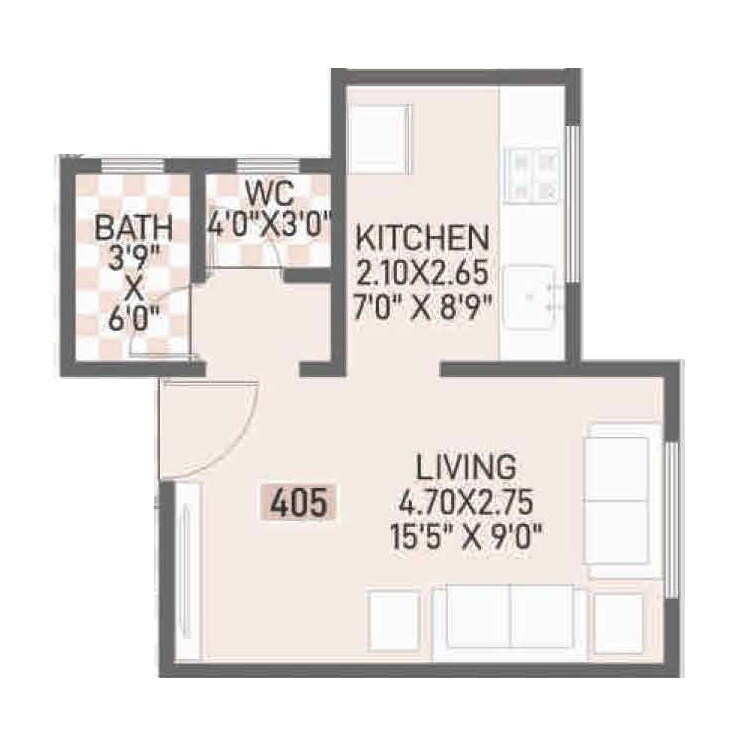 Floor plan of 343 Sq. Ft. Studio in Dixit Sneh Sankul, Pune
