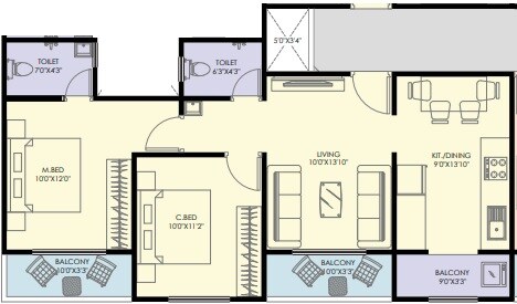 Floor plan of 2 BHK 733 Sq. Ft. Apartment in DLC Kashi Nagari, Pune