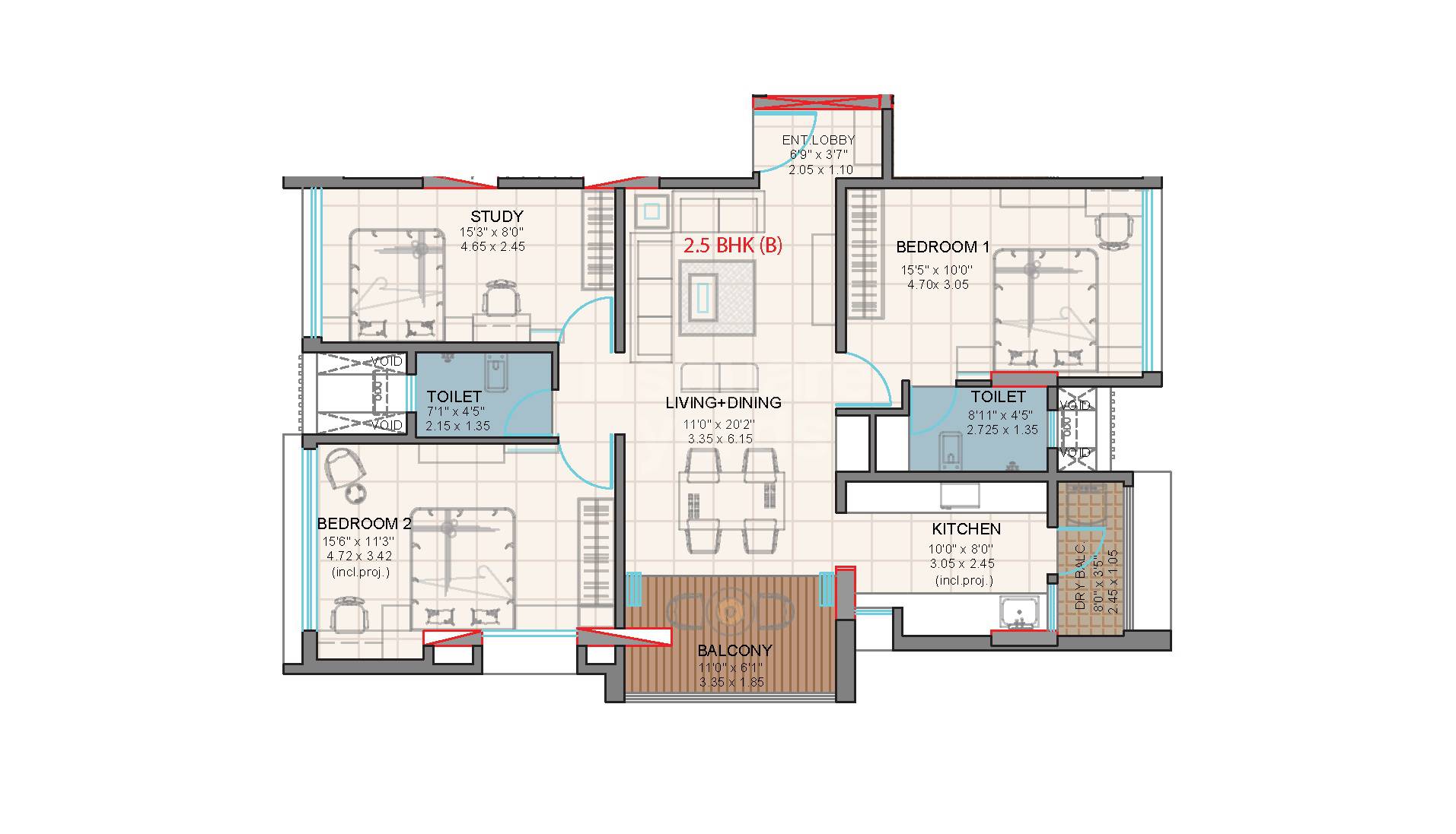 Floor plan of 2 BHK Apartment - 874 sq. ft. in DM Nikunj, Pune