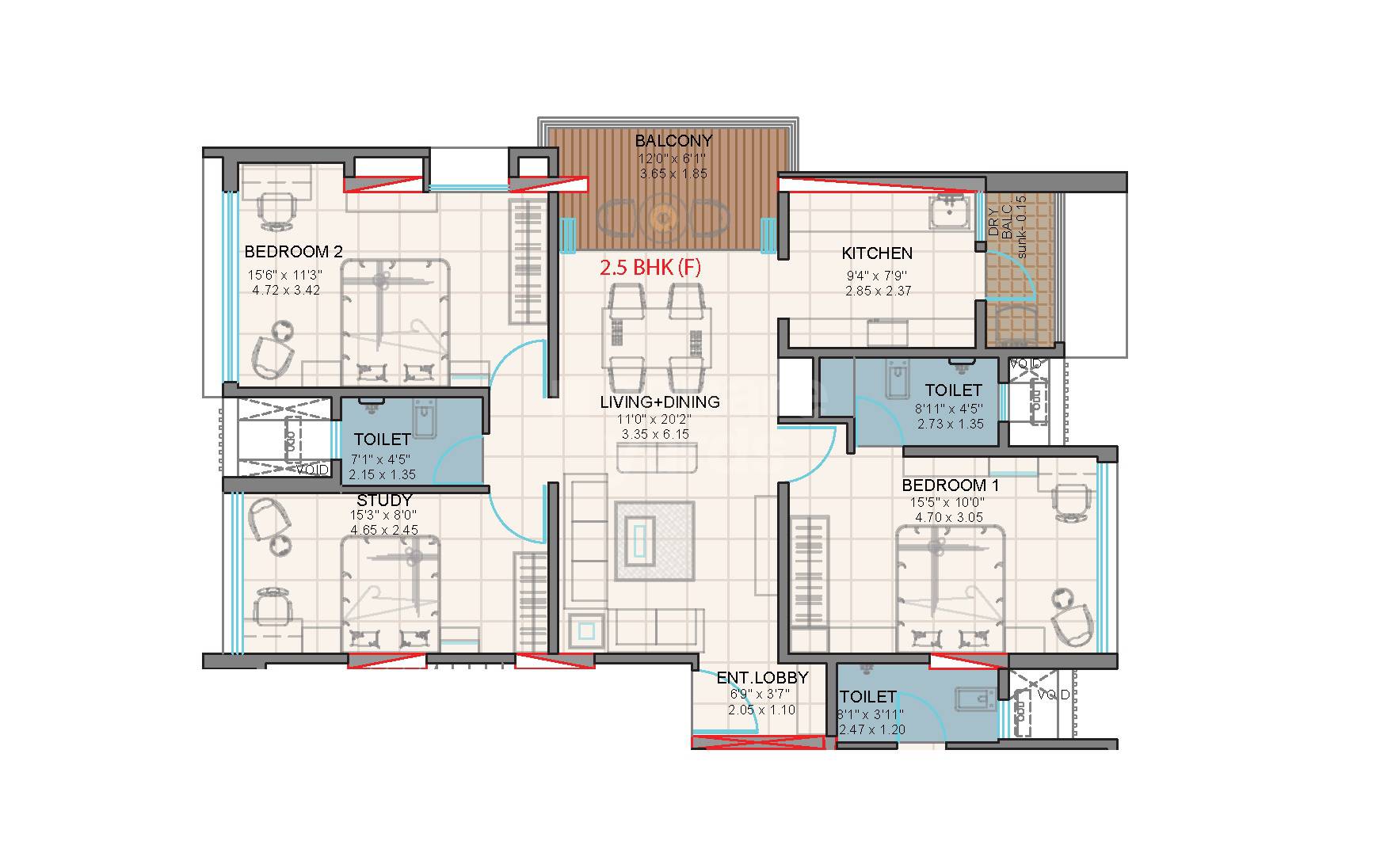 Floor plan of 2 BHK Apartment - 879 sq. ft. in DM Nikunj, Pune