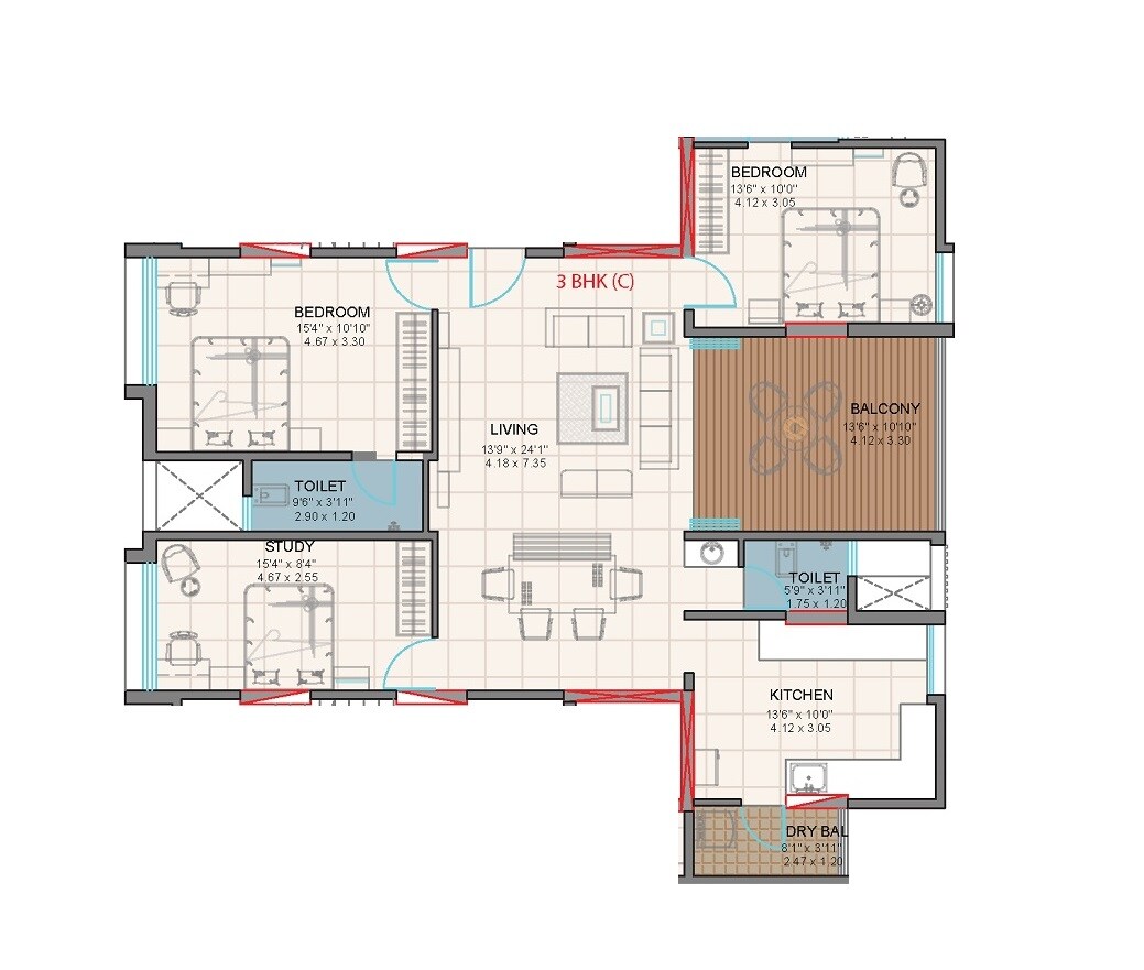 Floor plan of 3 BHK Apartment - 1030 sq. ft. in DM Nikunj, Pune