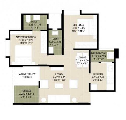 Floor plan of 2 BHK 696 Sq. Ft. Apartment in DMK Stella, Pune