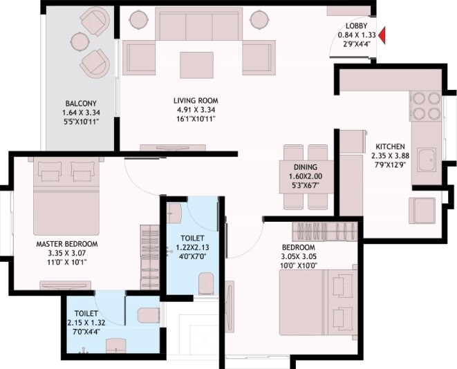 Floor plan of 2 BHK 687 Sq. Ft. Apartment in DMK Stella, Pune