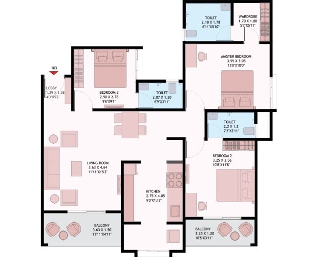 Floor plan of 3 BHK 1036 Sq. Ft. Apartment in DMK Stella, Pune
