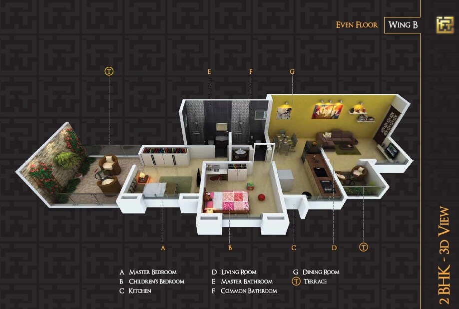 Floor plan of 2 BHK 623 Sq. Ft. Apartment in Dnv Arcelia, Pune