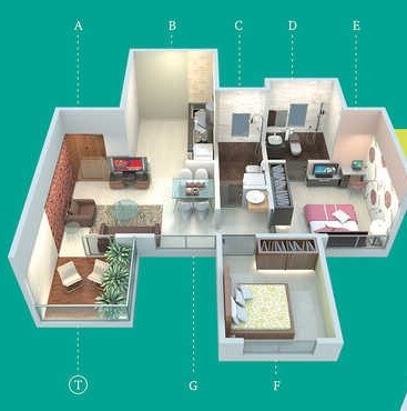 Floor plan of 2 BHK 616 Sq. Ft. Apartment in DNV Elvira, Pune