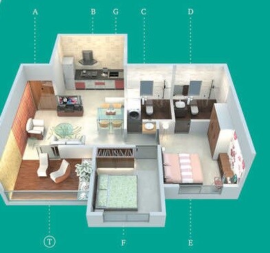 Floor plan of 2 BHK 509 Sq. Ft. Apartment in DNV Elvira, Pune