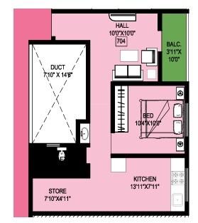 Floor plan of 1 BHK 510 Sq. Ft. Apartment in Dnyan Amrut, Pune