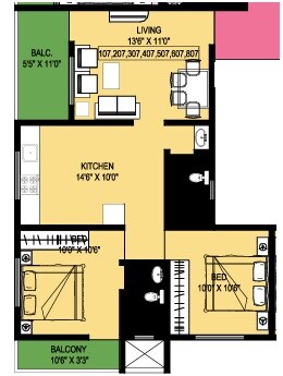 2 BHK 670 Sq. Ft. Apartment