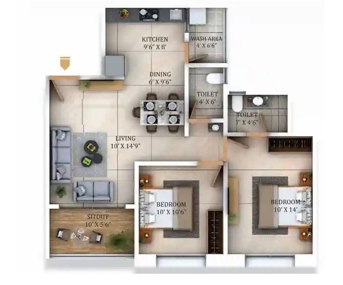Floor plan of 2 BHK 799 Sq. Ft. Apartment in Dodke Palazzo, Pune