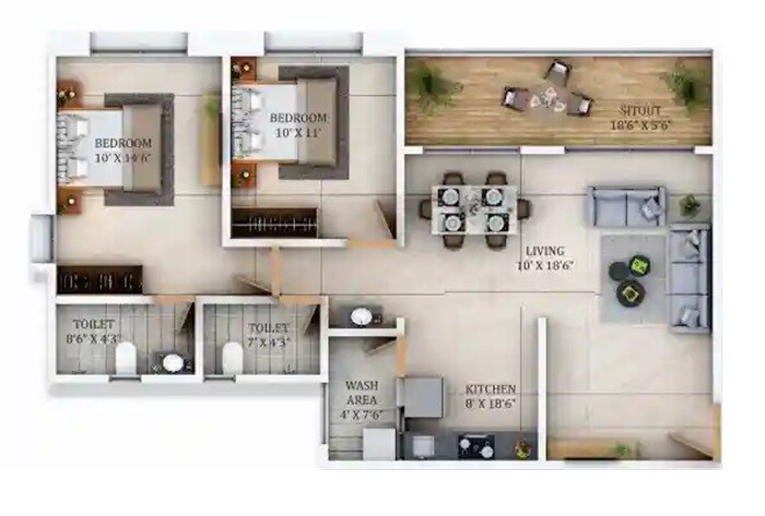2 BHK 874 Sq. Ft. Apartment