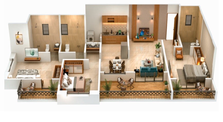 Floor plan of 3 BHK 1085 Sq. Ft. Apartment in Dodke Palazzo, Pune