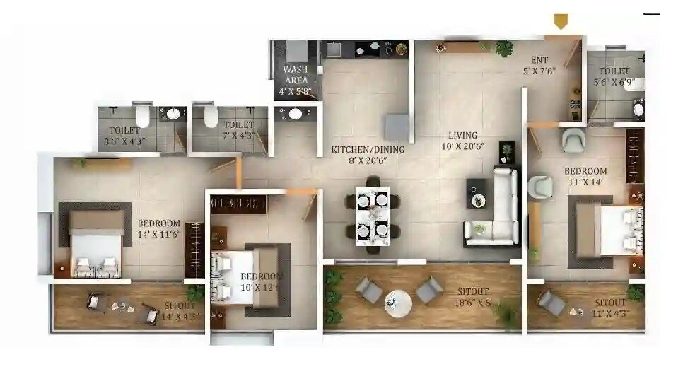 Floor plan of 3 BHK 1209 Sq. Ft. Apartment in Dodke Palazzo, Pune