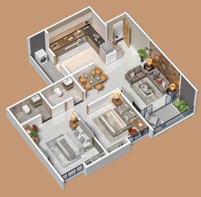 Floor plan of 2 BHK 758 Sq. Ft. Apartment in Dolphin Palms, Pune