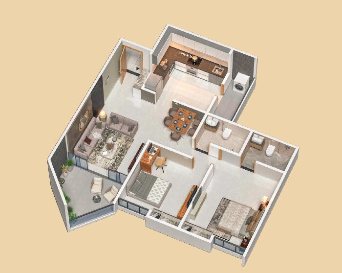 Floor plan of 2 BHK 772 Sq. Ft. Apartment in Dolphin Palms, Pune