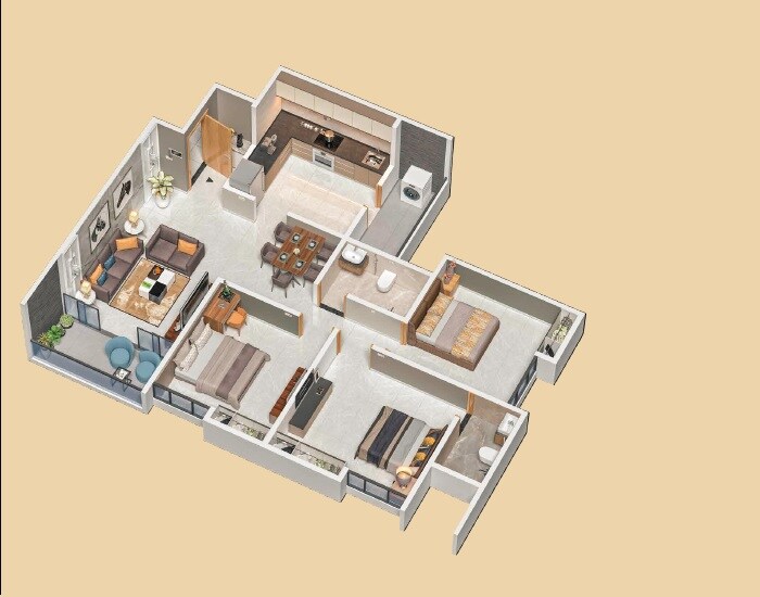 Floor plan of 3 BHK 874 Sq. Ft. Apartment in Dolphin Palms, Pune