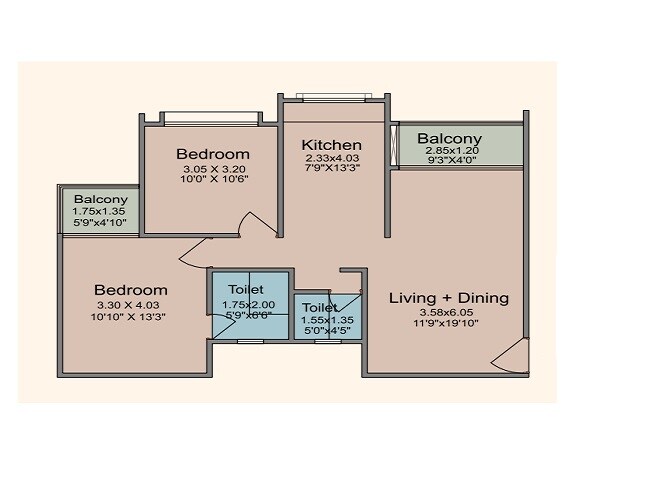 Floor plan of 2 BHK 773 Sq. Ft. Apartment in Dolphin Sereno, Pune