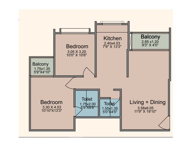 Floor plan of 2 BHK 776 Sq. Ft. Apartment in Dolphin Sereno, Pune