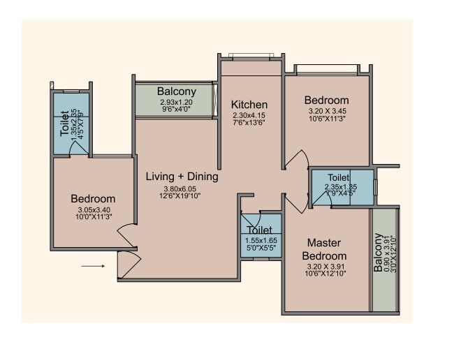 Floor plan of 3 BHK 965 Sq. Ft. Apartment in Dolphin Sereno, Pune