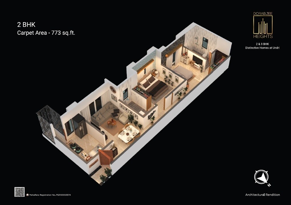 Floor plan of 2 BHK 773 Sq. Ft. Apartment in Dorabjee Heights, Pune