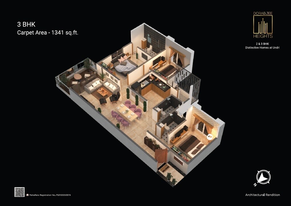 Floor plan of 3 BHK 1341 Sq. Ft. Apartment in Dorabjee Heights, Pune