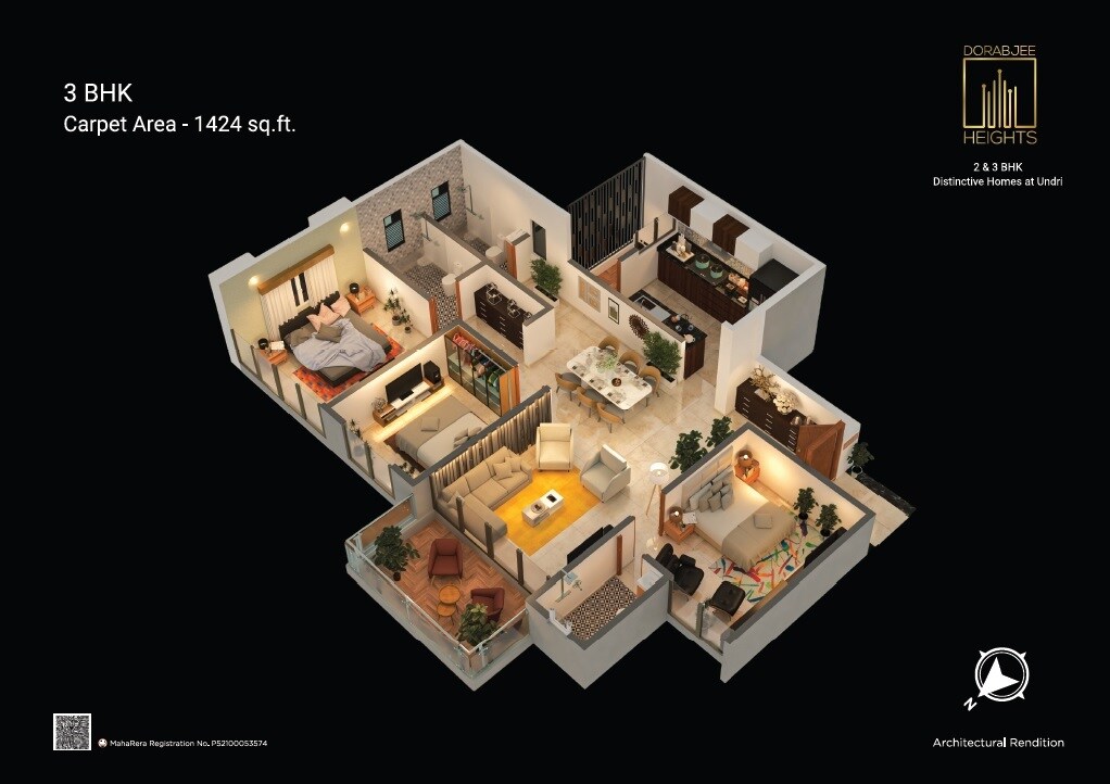 Floor plan of 3 BHK 1424 Sq. Ft. Apartment in Dorabjee Heights, Pune