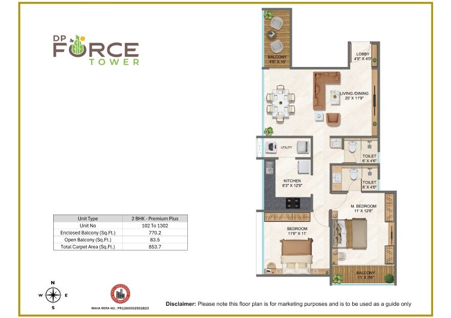 2 BHK 853 Sq. Ft. Apartment