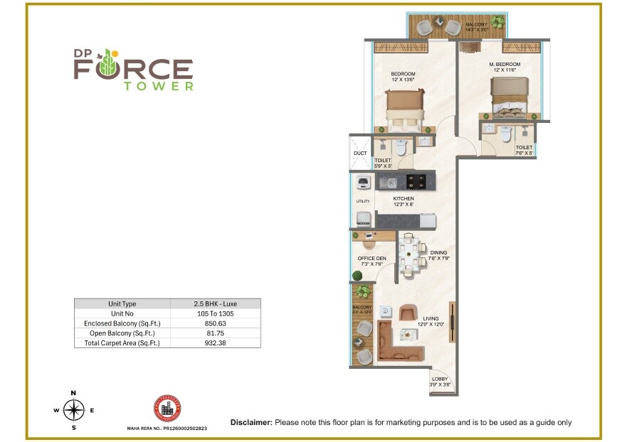 Floor plan of 2 BHK 932 Sq. Ft. Apartment in DP Force Tower, Pune