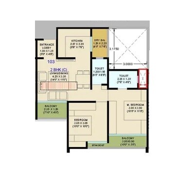 Floor plan of 2 BHK 665 Sq. Ft. Apartment in DR Destination 24 Avenue, Pune